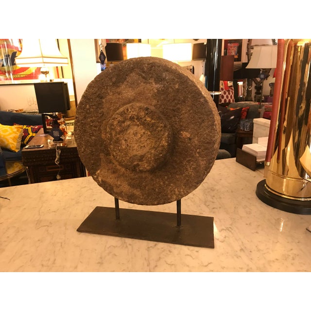 Antique 1800's Grinding Millstone Sculpture Mounted on Custom Black Iron Base For Sale - Image 4 of 6