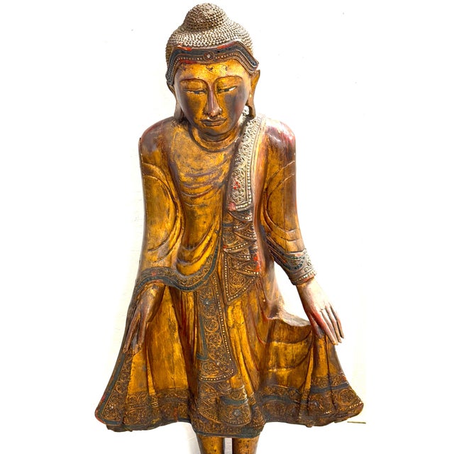 Monumental Giltwood Standing Buddha with Lotus Base, Burma, Late 19th Century For Sale - Image 11 of 18