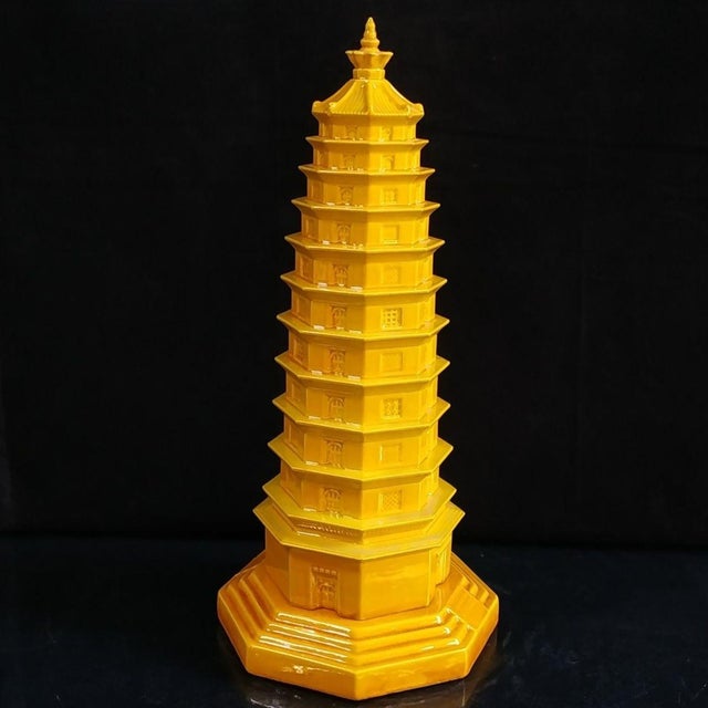 This is a striking, large-scale vintage porcelain model of a traditional Chinese pagoda, specifically a Wenchang Pagoda....