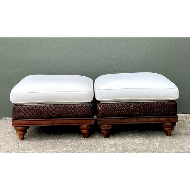 Wood Vintage Woven Rattan Ottomans - A Pair For Sale - Image 7 of 12