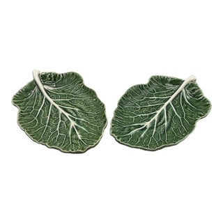 Vintage Bordallo Pinheiro Green Cabbage Majolica Relish Dish 10 “- Set of 2 For Sale
