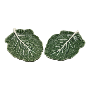 Vintage Bordallo Pinheiro Green Cabbage Majolica Relish Dish 10 “- Set of 2