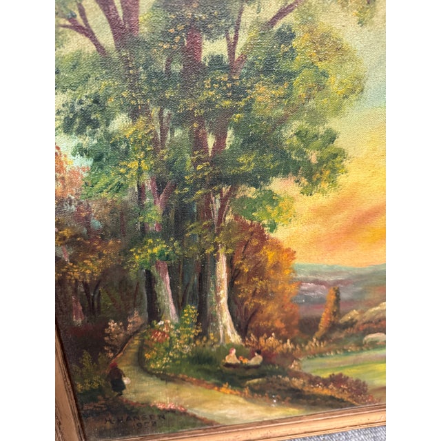 1950s Circa 1958 H. Hansen "Picnic in Meadow" Original Painting, Framed For Sale - Image 5 of 12