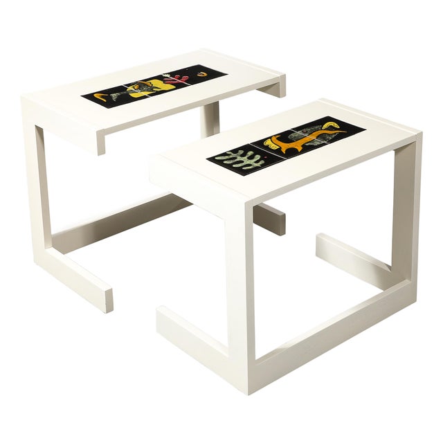 Pair of Documented Off White & Inset Tile Vladimir Kagan Nested Side Tables For Sale