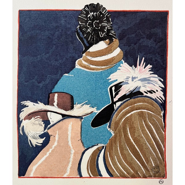 Stunning pochoir by the artist Porter Woodruff from 1921. Three stylishly dressed women in hats designed by Camille Roger...