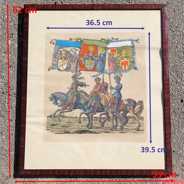 A set of four framed, colored engravings from the "triumphal procession of maximilian i." the standard-bearers are...