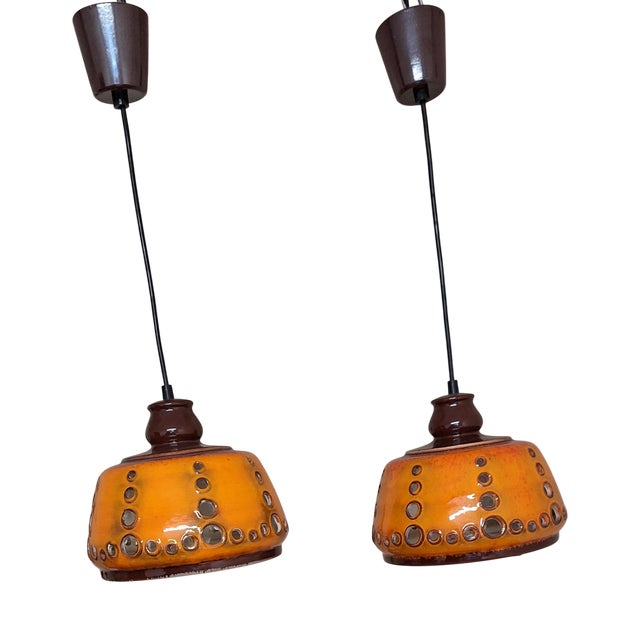 Vintage Hanging Lamps in Orange-Brown Glazed Ceramic by Pan, 1970s, Set of 2 For Sale