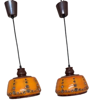 Vintage Hanging Lamps in Orange-Brown Glazed Ceramic by Pan, 1970s, Set of 2