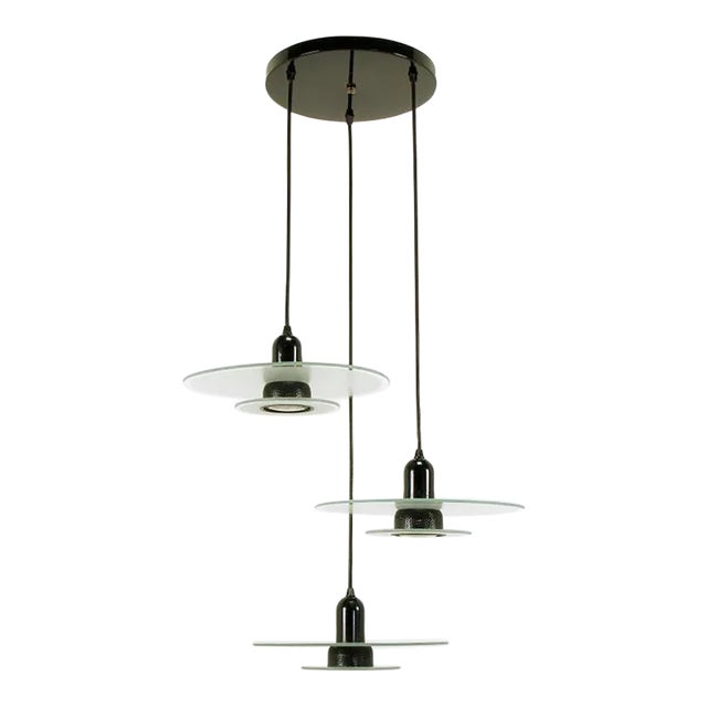Art Deco Revival Etched Glass and Black Enamel Three-Light Pendant For Sale