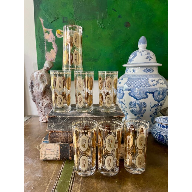 Gold Mid-Century Modern Gold Royal Ladies Portrait Tall Boy or Tumbler Glasses - Set of 7 For Sale - Image 8 of 12