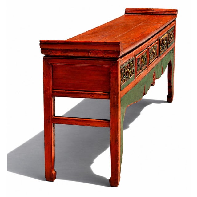 Monumental 8 Ft Extra Long 19th Century Chinese Console Altar Table Carved 5 Drawers Red Orange Green For Sale - Image 12 of 16