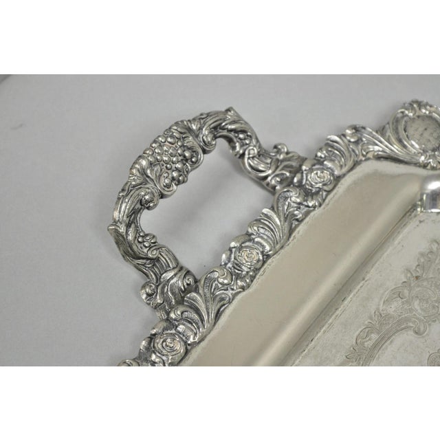 Victorian Vintage Eton Sheffield Floral Repousse Silver Plated Narrow Serving Tray For Sale - Image 3 of 11