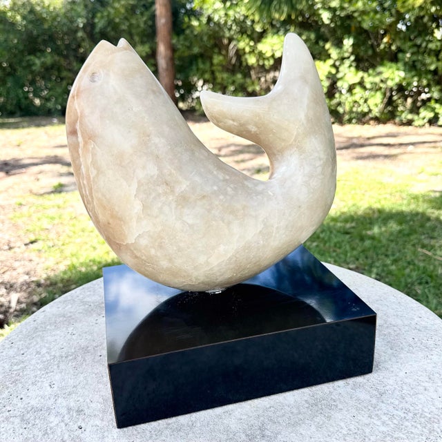 Mid-Century Modern Vintage Modernist Hand Carved Marble Fish Sculpture or Black Laminate Base For Sale - Image 3 of 9