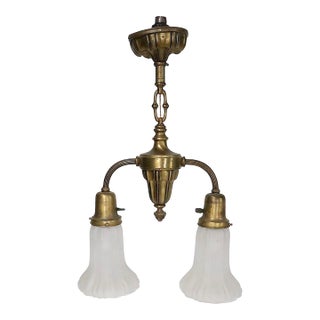 Early Electric Brass and Glass Two Arm Light Fixture C. 1900/20's For Sale