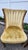 Elegant pair of vintage Hollywood Regency slipper chairs featuring dramatic fan-shaped channel backs, exposed carved wood...