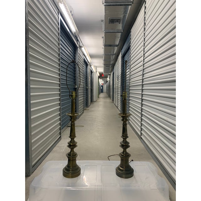 Mid 20th Century Vintage Stiffel Mid Century Modern Large Brass Candlestick Table Lamps and Shades - a Pair For Sale - Image 5 of 6