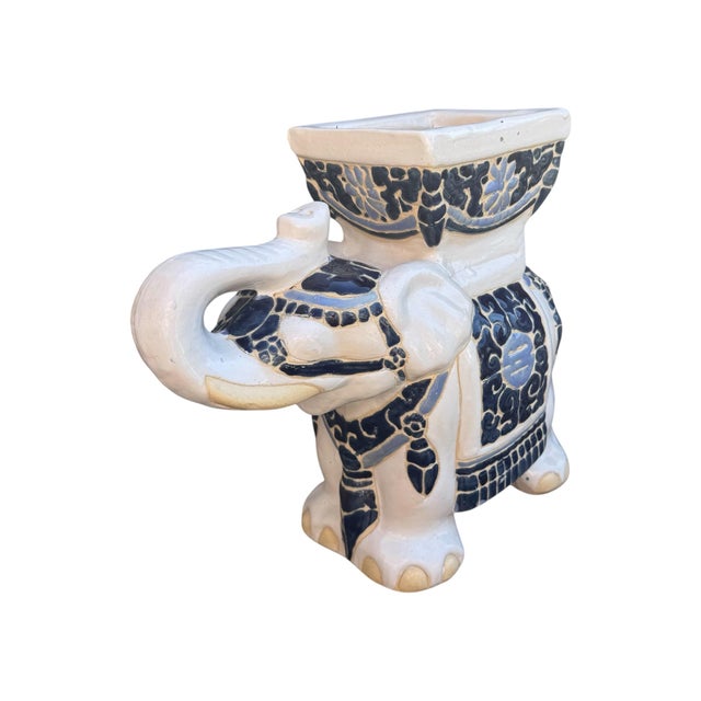 Vintage Hollywood Regency Style Blue and White Ceramic Tabletop Elephant Planter For Sale In Chicago - Image 6 of 11