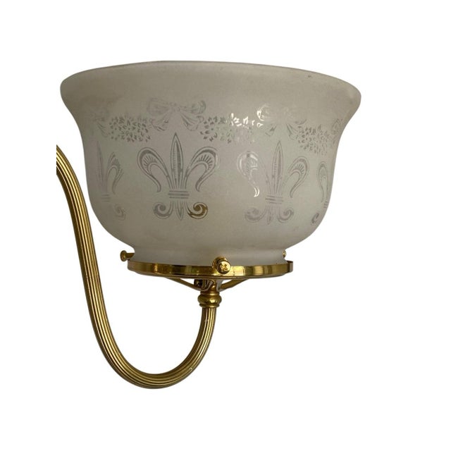 1950s Vintage 2- Light Art Nouveau Converted Gas Chandelier Gothic Fleur De Lis Glass For Sale - Image 5 of 7