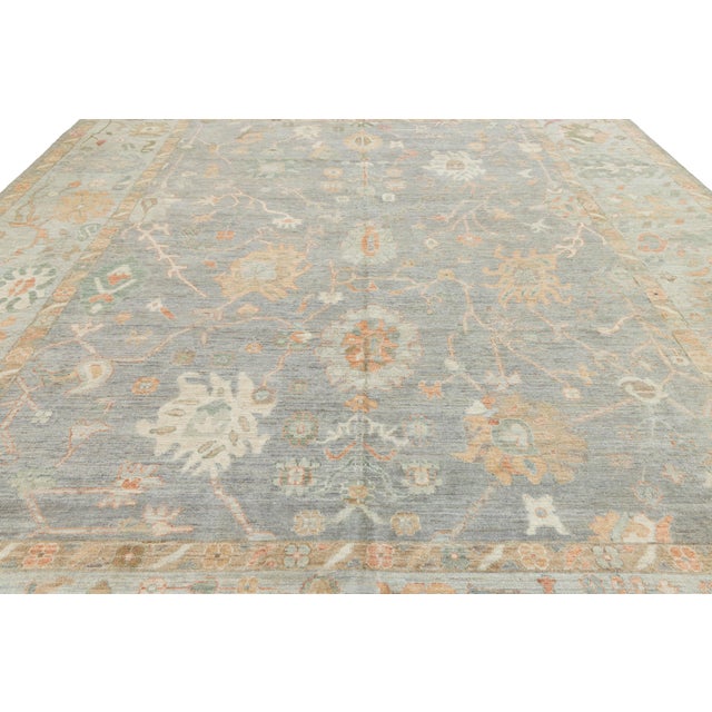 2020s 12x15 Hand-Knotted Modern Oushak Style Wool Area Rug – Muted Sage Floral Design For Sale - Image 5 of 10