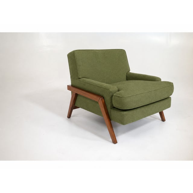 Mid century lounge chairs. Set was reupholstered for listing. Walnut wood trim was refinished. We used a green chenille,...