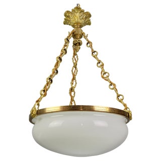 French White Glass, Brass and Bronze Pendant Chandelier, 1920s For Sale