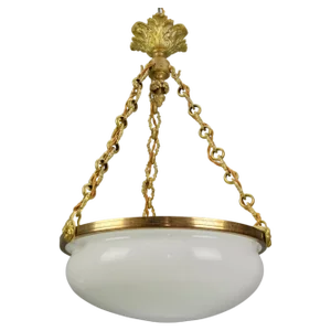 French White Glass, Brass and Bronze Pendant Chandelier, 1920s
