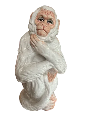 Large 1960s Italian Faenza Barbotine Ceramic Statue of a White Majolica Capuchin Monkey