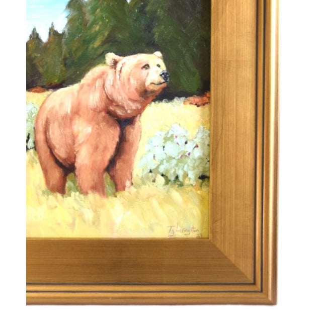 Impressionist brown bear in forest portrait oil painting on artist's canvas panel. It is signed by the artist Ty...