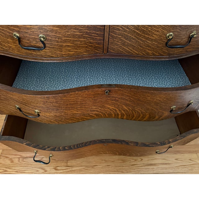 Antique Tiger Oak Serpentine Chest of Drawers With Mirror For Sale - Image 9 of 11
