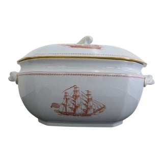 Spode Copeland Red Gold Trim Ship Trade Winds 14" Large Soup Tureen With Lid For Sale