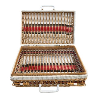 Vintage Gucci Inspired Bamboo Wicker Picnic Basket Case With Red, Black and White Striped Weave For Sale
