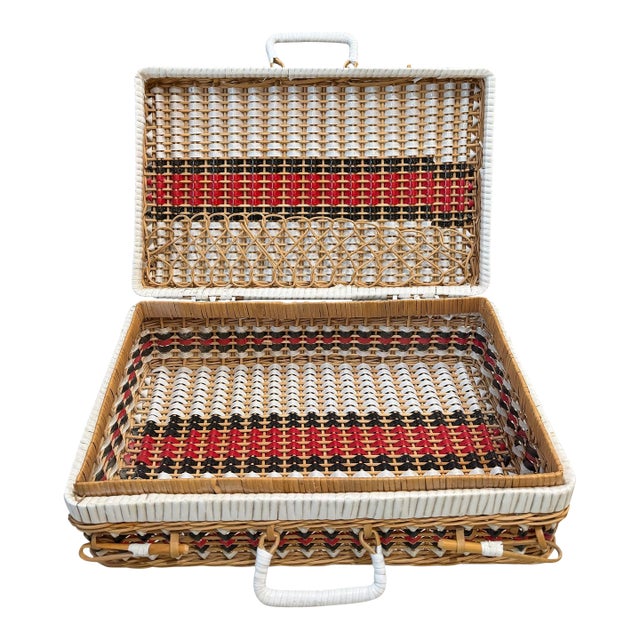 Vintage Gucci Inspired Bamboo Wicker Picnic Basket Case With Red, Black and White Striped Weave For Sale