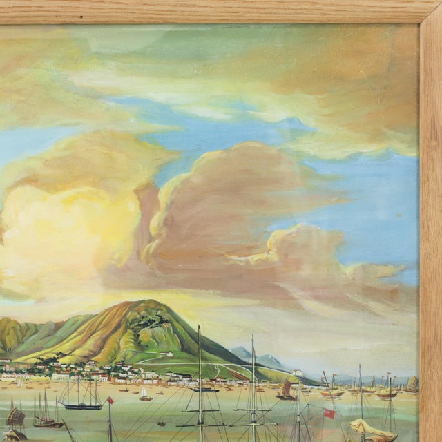 Wood Vintage Maritime Harbor Painting Framed Coastal Seascape With Masted Sailing Ships For Sale - Image 7 of 10