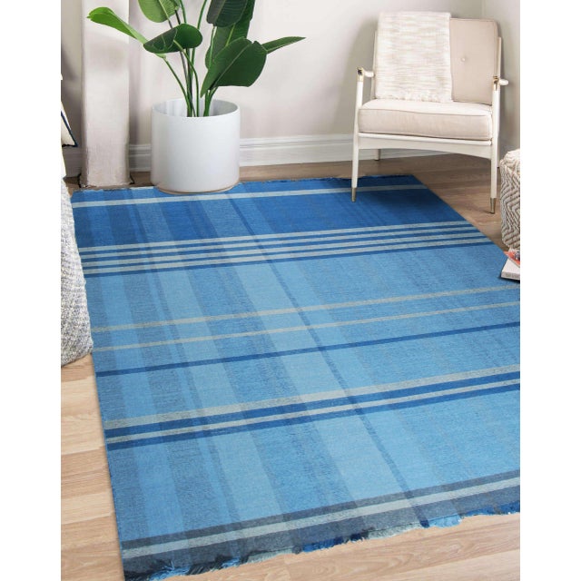 Contemporary Blue Plaid Flatweave Wool Rug 10x14 For Sale - Image 3 of 9