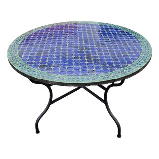 52" Handcrafted Blue and Teal Moroccan Mosaic Table For Sale