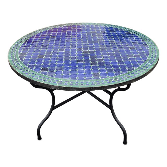52" Handcrafted Blue and Teal Moroccan Mosaic Table For Sale