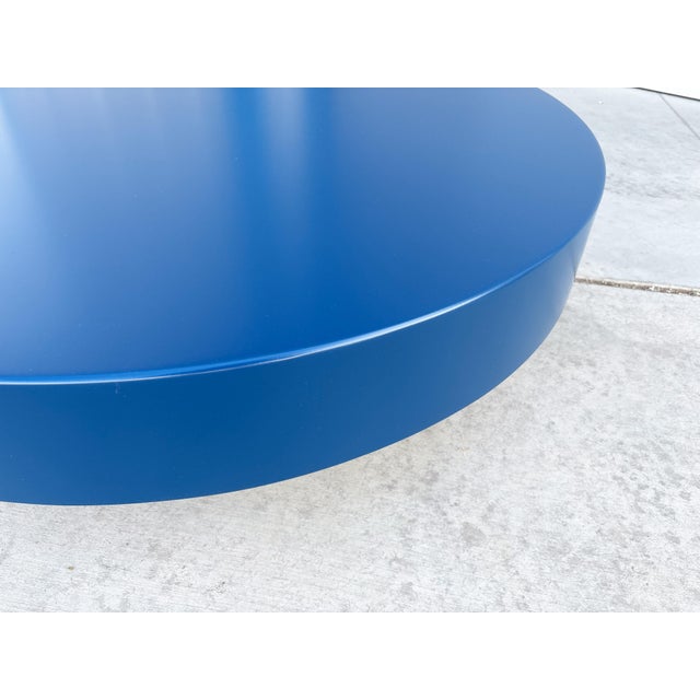 1960s Mid Century Blue Round Coffee Table With Chrome Base Styled After Willy Rizzo For Sale - Image 10 of 10