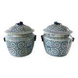 Chinoiserie Blue and White Porcelain Covered Jars With Foo Dog Finials, Pair For Sale