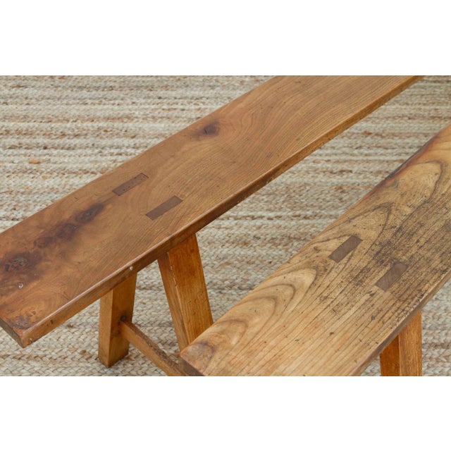Brown Pair of Antique French Fruitwood Benches For Sale - Image 8 of 13