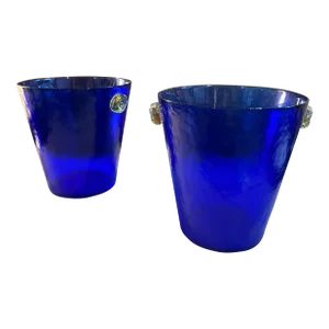 A Pair of 1980s Venini Style Modernist Blue and Yellow Murano Glass Wine Coolers