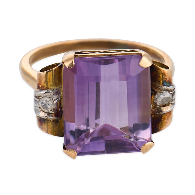 Mid-Century Modern Mid 20th Century Retro 6.30 Carat Amethyst Diamond 18k Rose Gold and Silver Ring, Size 7.5 For Sale - Image 3 of 6