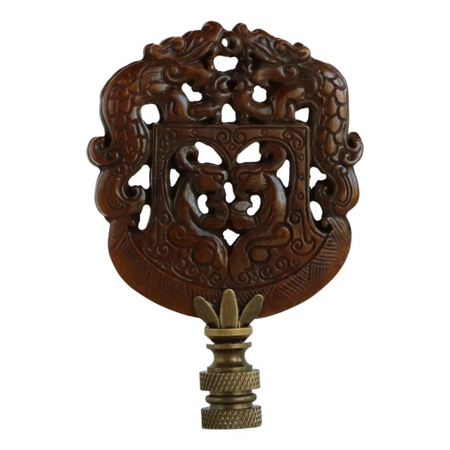 Chinese Archaic Style Carved Stone Lamp Finial on Bronze Hardware For Sale