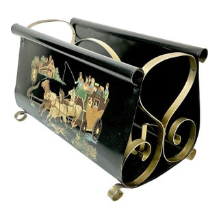 1950s Vintage Arts & Crafts Boho Chic Hand Painted Tole Metal Magazine Rack. For Sale