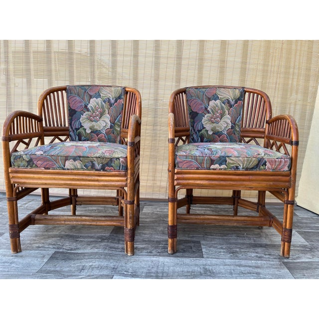 A Pair of Vintage Midcentury Chinoiserie Brighton Pavillion Style Upholstered Rattan Armchairs. Circa 1960s, Features a...