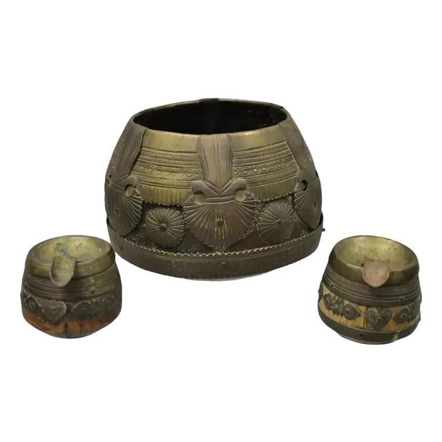 19th C. Antique Indian Brass and Wood Smoking Tobacco Jar, Box & Ashtray Set - 3 Pieces For Sale