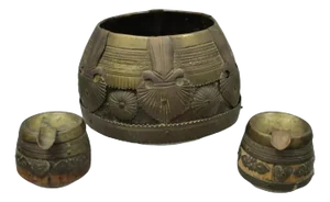 19th C. Antique Indian Brass and Wood Smoking Tobacco Jar, Box & Ashtray Set - 3 Pieces