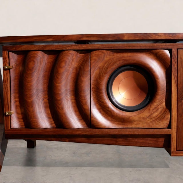 Wave Stereo Console in Walnut With Inset Epoxy Top by Michael Maximo For Sale - Image 12 of 14