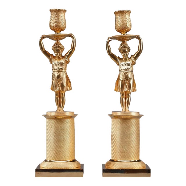Restauration Gilt Bronze Candlesticks, Set of 2 For Sale