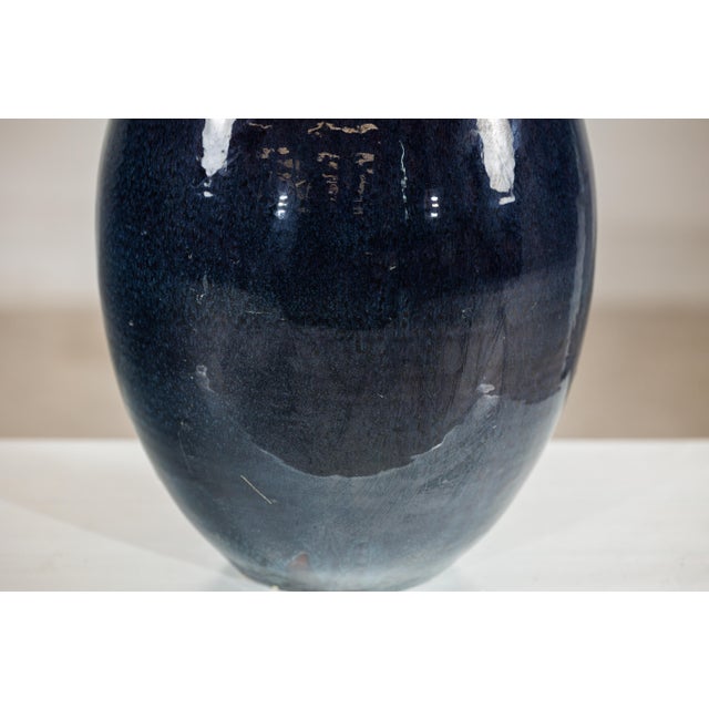 Late 20th Century Large Artisan Ceramic Vase in Midnight Blue with Brown Tapered Neck For Sale - Image 5 of 18