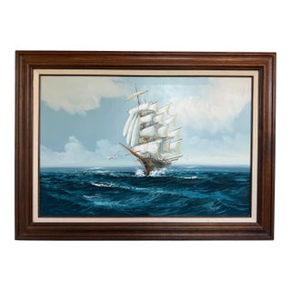 Listed Artist Hewett Jackson Original Oil Painting Tall Ship Seascape Framed For Sale